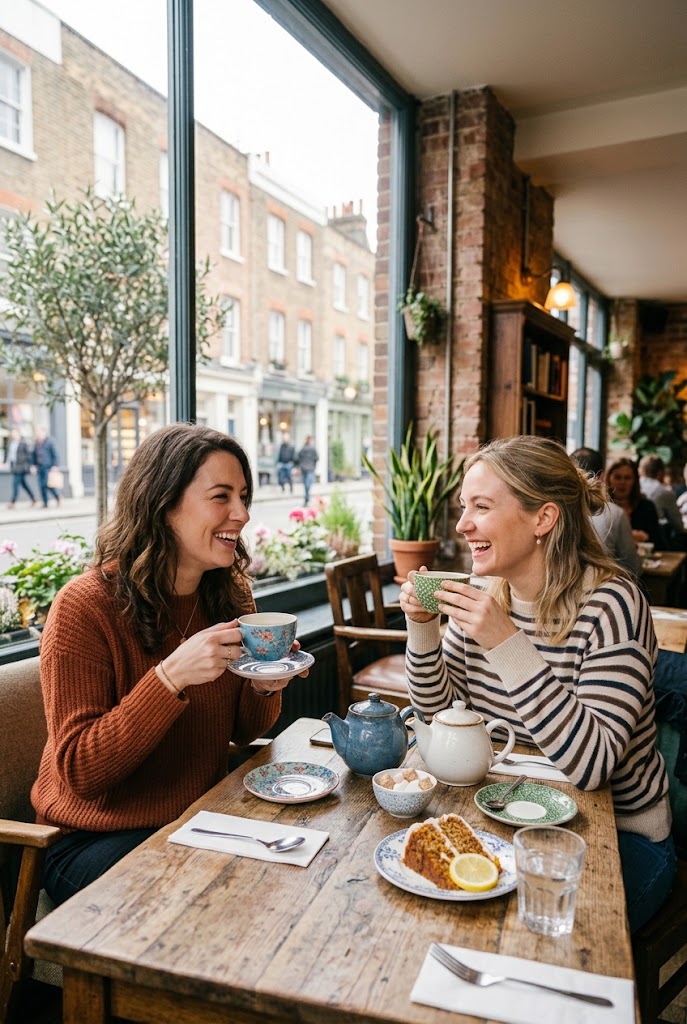 Two friends laughing over tea and cake in a café